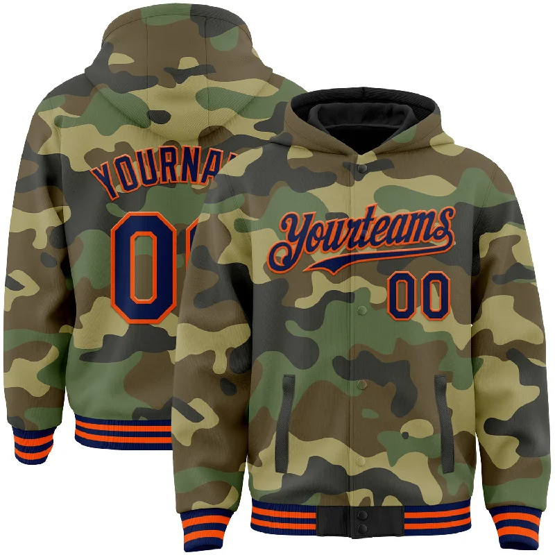 Trendy Oversized Hoodie for Street Style-Custom Camo Navy-Orange Bomber Full-Snap Varsity Letterman Salute To Service Hoodie Jacket