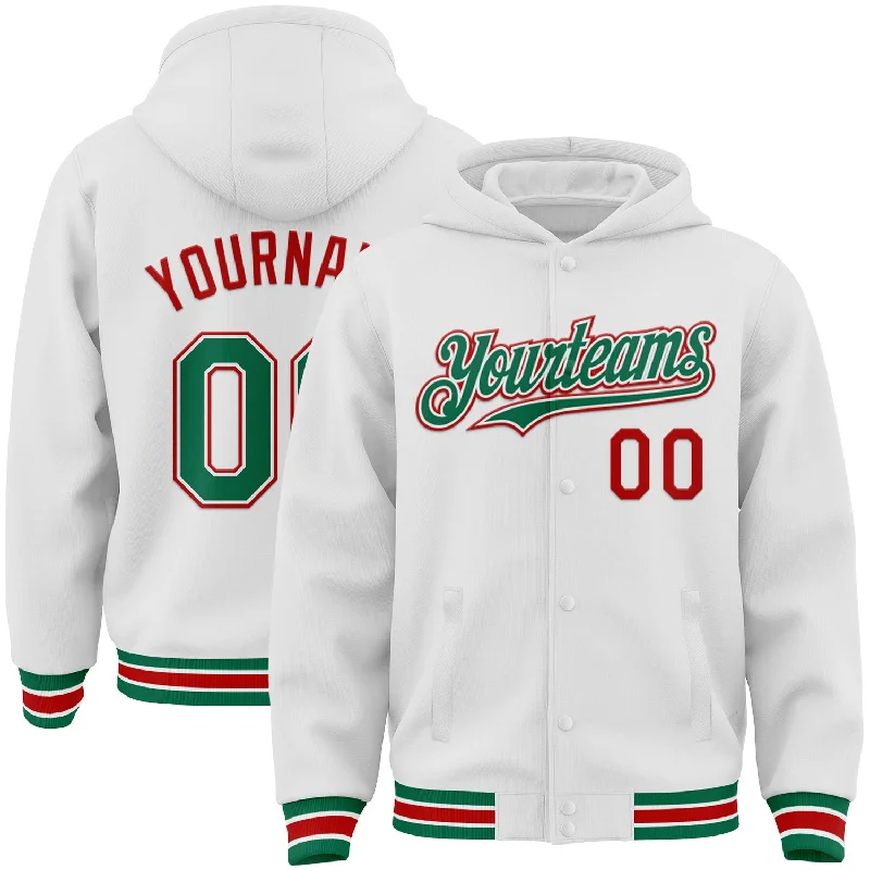 Streetwear Hoodie for Edgy Style-Custom White Kelly Green-Red Bomber Full-Snap Varsity Letterman Hoodie Jacket