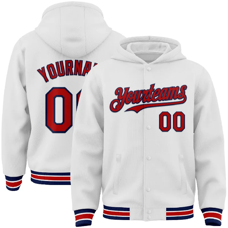 Fashionable Hoodie for Weekend Wear-Custom White Red-Navy Bomber Full-Snap Varsity Letterman Hoodie Jacket