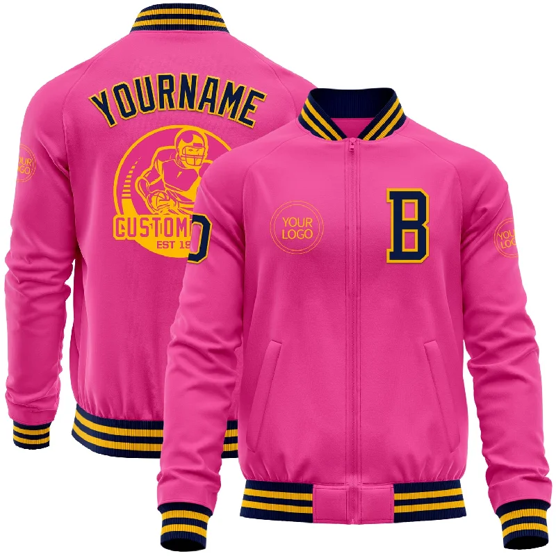 Soft Fleece Jacket for Cozy Layering-Custom Pink Navy-Gold Bomber Varsity Letterman Zipper Jacket