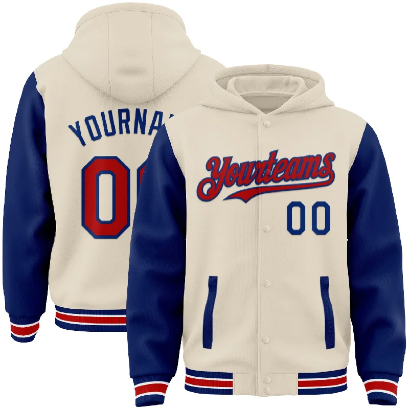 Warm Hoodie for Cold Nights-Custom Cream Red Royal-White Bomber Full-Snap Varsity Letterman Two Tone Hoodie Jacket