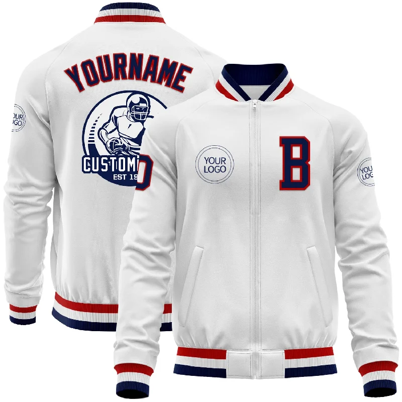 Warm Quilted Jacket for Comfort in Winter-Custom White Navy-Red Bomber Varsity Letterman Zipper Jacket