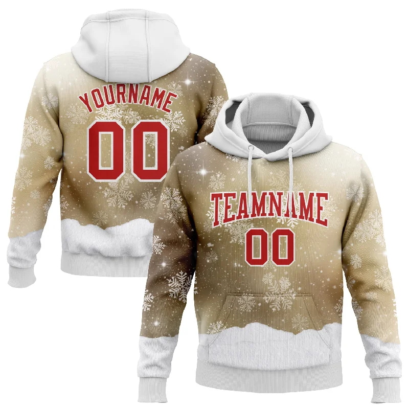 Cozy Hoodie for Layering in Fall and Winter-Custom Stitched Old Gold Red-White Christmas Snowflakes 3D Sports Pullover Sweatshirt Hoodie