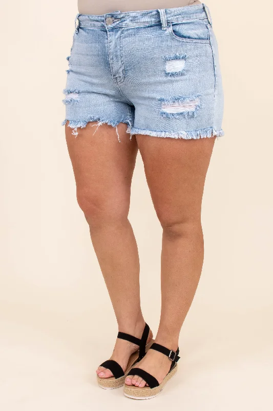 Trendy Distressed Denim Shorts for Street Style-Good Times And Tan Lines Shorts, Light Wash