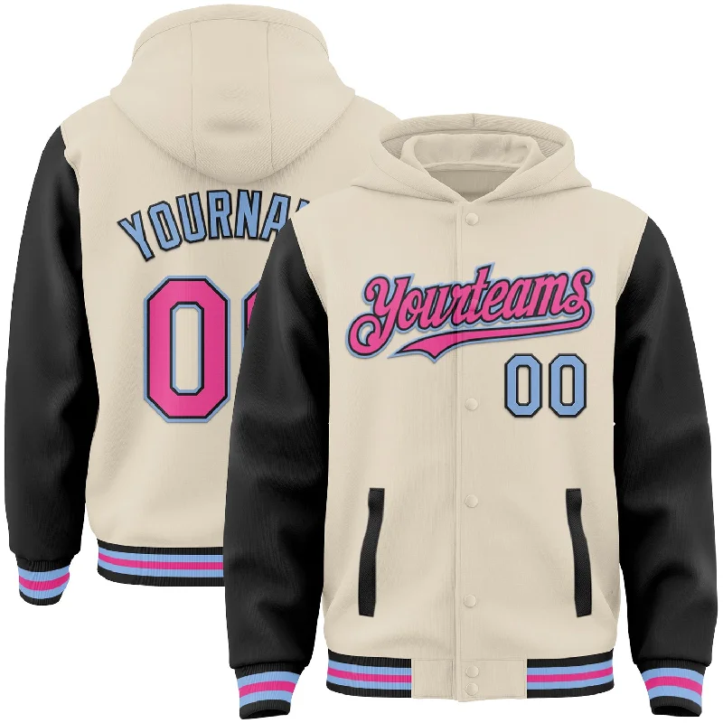 Comfortable Hoodie with Pockets for Convenience-Custom Cream Pink Black-Light Blue Bomber Full-Snap Varsity Letterman Two Tone Hoodie Jacket