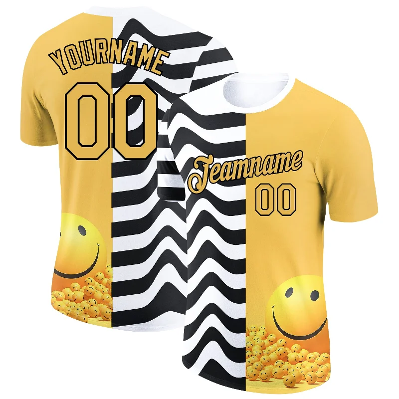 Soft Knit Cotton T-Shirt for Cozy Days-Custom Yellow Black-White 3D Pattern Design Smile Emoji Performance T-Shirt