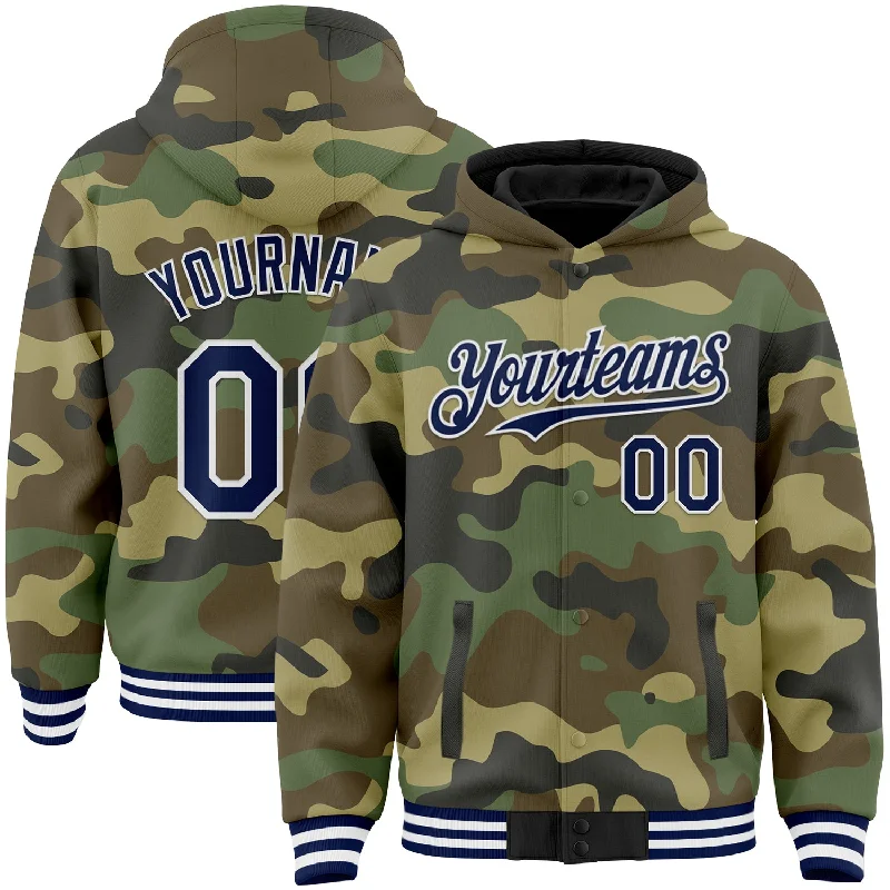 Customizable Hoodie for Personalized Style-Custom Camo Navy-White Bomber Full-Snap Varsity Letterman Salute To Service Hoodie Jacket