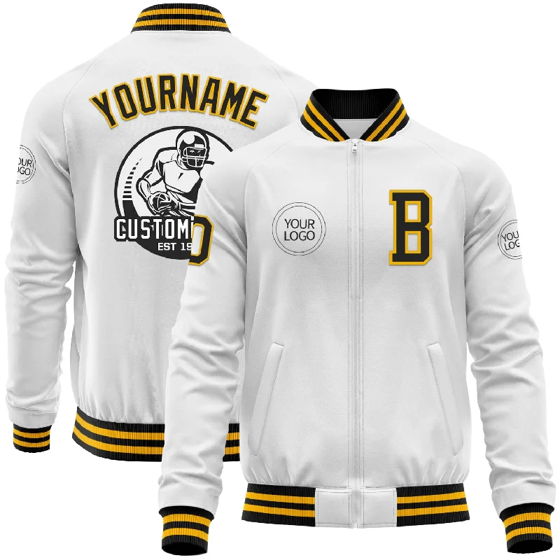 Cool Printed Jacket for Bold Fashion Statements-Custom White Black-Gold Bomber Varsity Letterman Zipper Jacket