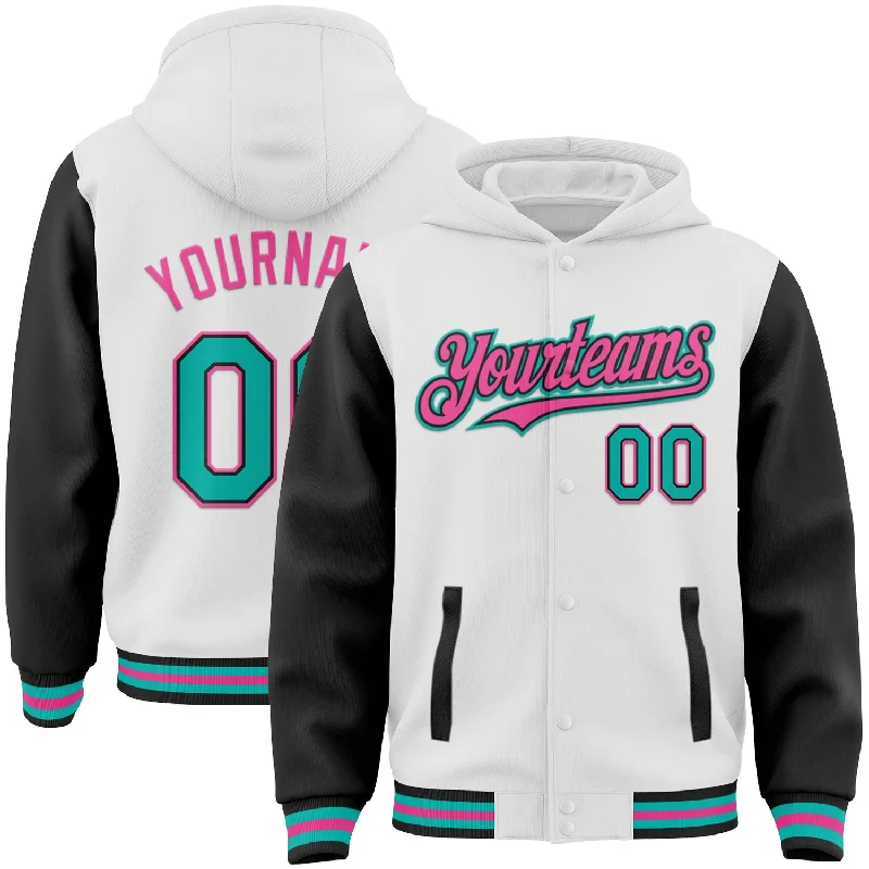 Lightweight Performance Hoodie for Running-Custom White Aqua Black-Pink Bomber Full-Snap Varsity Letterman Two Tone Hoodie Jacket