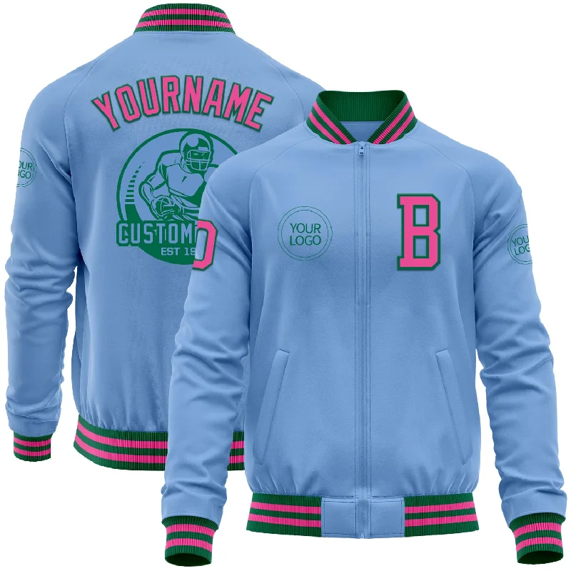 Cozy Cashmere Blend Jacket for Cold Nights-Custom Light Blue Pink-Kelly Green Bomber Varsity Letterman Zipper Jacket