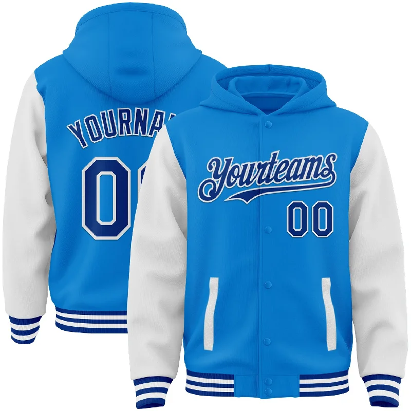 Warm Fleece Hoodie for Ultimate Cold Protection-Custom Powder Blue Royal-White Bomber Full-Snap Varsity Letterman Two Tone Hoodie Jacket