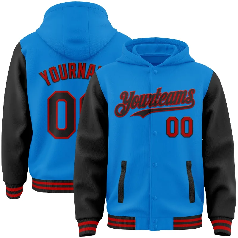 Cozy Hoodie with Comfortable Fit for Layering-Custom Powder Blue Black-Red Bomber Full-Snap Varsity Letterman Two Tone Hoodie Jacket