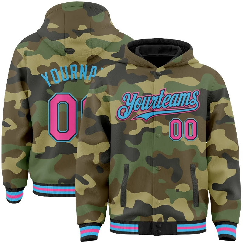 Trendy Hoodie for Athleisure Looks-Custom Camo Pink Black-Sky Blue Bomber Full-Snap Varsity Letterman Salute To Service Hoodie Jacket