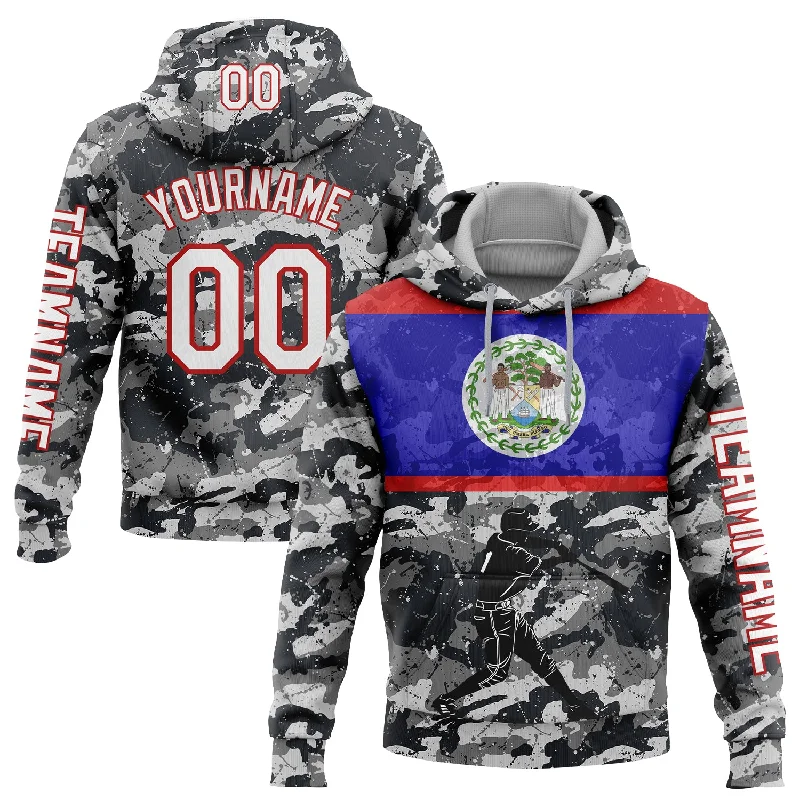 Warm Hoodie for Outdoor Adventures-Custom Stitched Camo White-Red 3D Belize Belizean Flag Sports Pullover Sweatshirt Salute To Service Hoodie