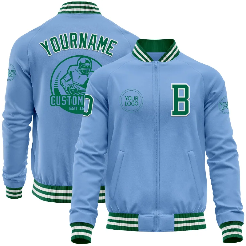 Sporty Zip-Up Athletic Jacket for Training-Custom Light Blue Kelly Green-White Bomber Varsity Letterman Zipper Jacket