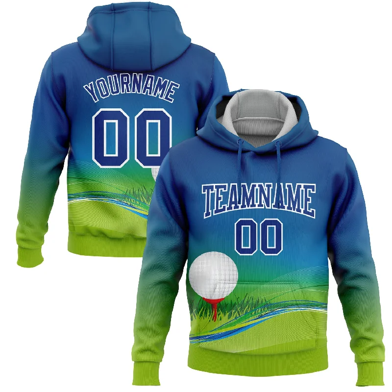 Cozy Hoodie for Layering in Fall and Winter-Custom Stitched Royal Neon Green-White 3D Golf Ball Sports Pullover Sweatshirt Hoodie