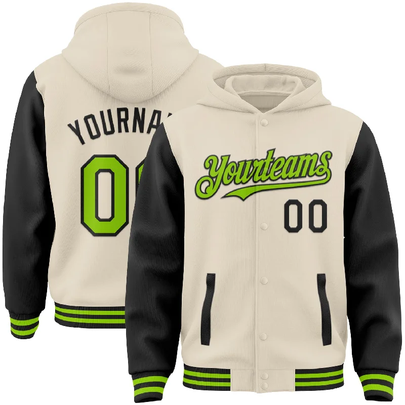 Retro-Inspired Hoodie for Vintage Look-Custom Cream Neon Green-Black Bomber Full-Snap Varsity Letterman Two Tone Hoodie Jacket