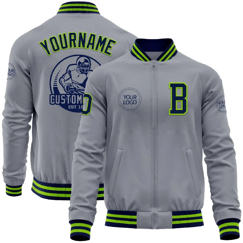 Cool Color-Blocked Jacket for Bold Outfits-Custom Gray Navy-Neon Green Bomber Varsity Letterman Zipper Jacket