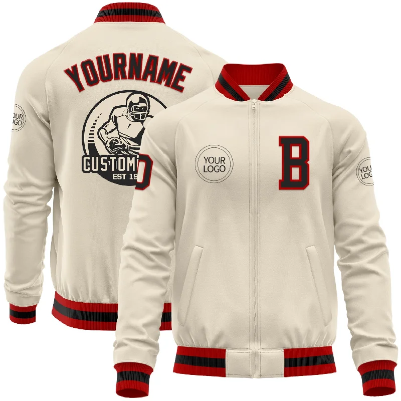 Chic Double-Breasted Wool Jacket for Elegance-Custom Cream Black-Red Bomber Varsity Letterman Zipper Jacket