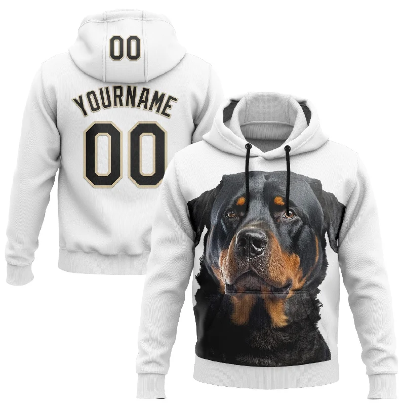 Classic Hoodie with Drawstring for Adjustable Fit-Custom Stitched White Black-Cream 3D Pattern Design Rottweiler Dog Sports Pullover Sweatshirt Hoodie