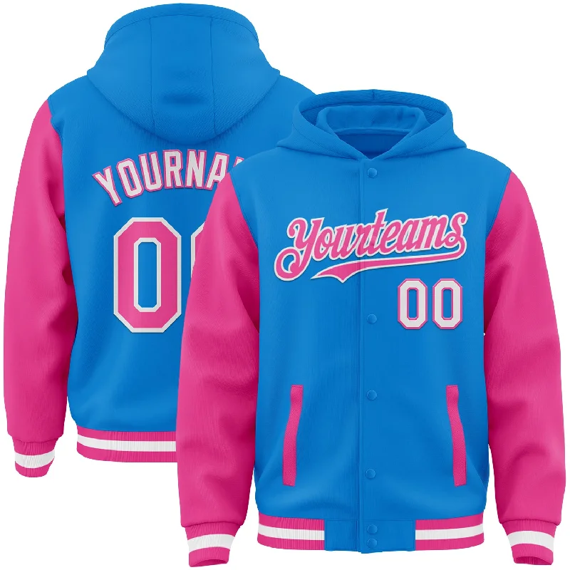 Trendy Oversized Hoodie for Relaxed Vibe-Custom Powder Blue Pink-White Bomber Full-Snap Varsity Letterman Two Tone Hoodie Jacket