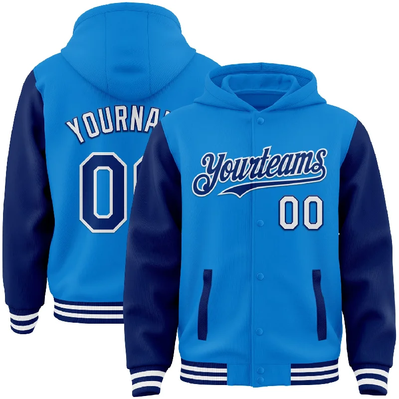 Stylish Hoodie for Weekend Outings-Custom Powder Blue Royal-White Bomber Full-Snap Varsity Letterman Two Tone Hoodie Jacket