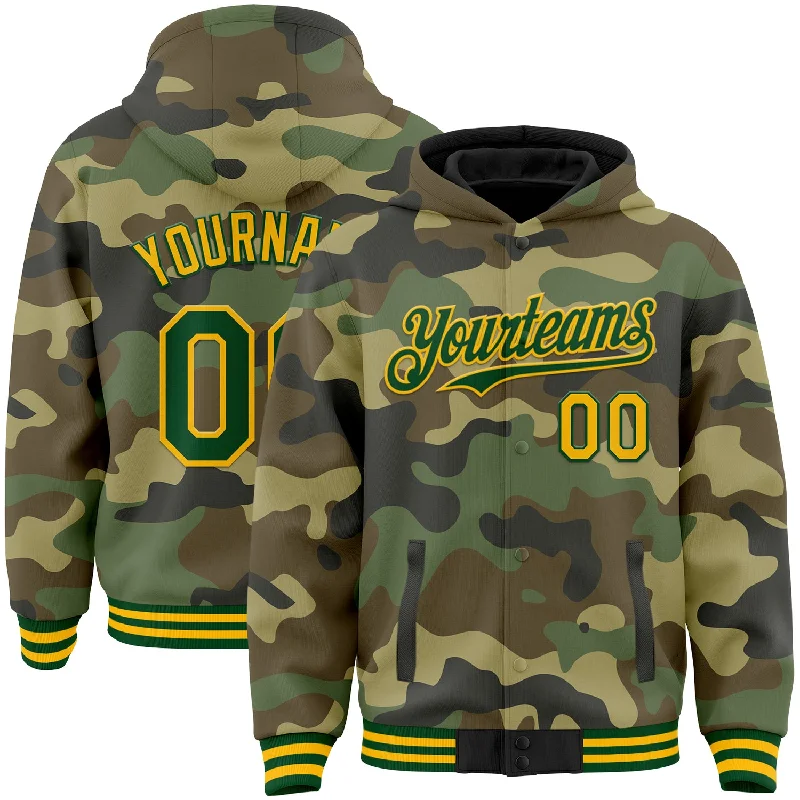 Classic Hoodie for Everyday Comfort-Custom Camo Green-Gold Bomber Full-Snap Varsity Letterman Salute To Service Hoodie Jacket