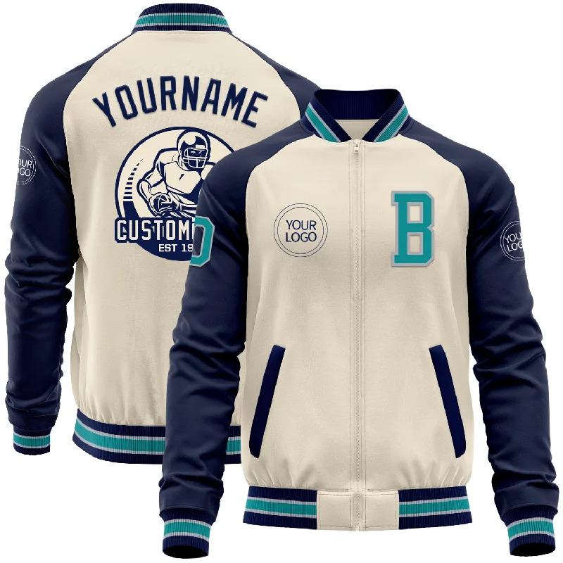 Sporty Zip-Up Athletic Jacket for Training-Custom Cream Teal Gray-Navy Bomber Varsity Letterman Two Tone Zipper Jacket