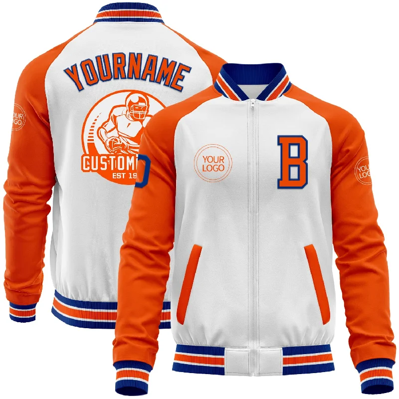 Stylish Tech Jacket for Active Lifestyles-Custom White Royal-Orange Bomber Varsity Letterman Two Tone Zipper Jacket