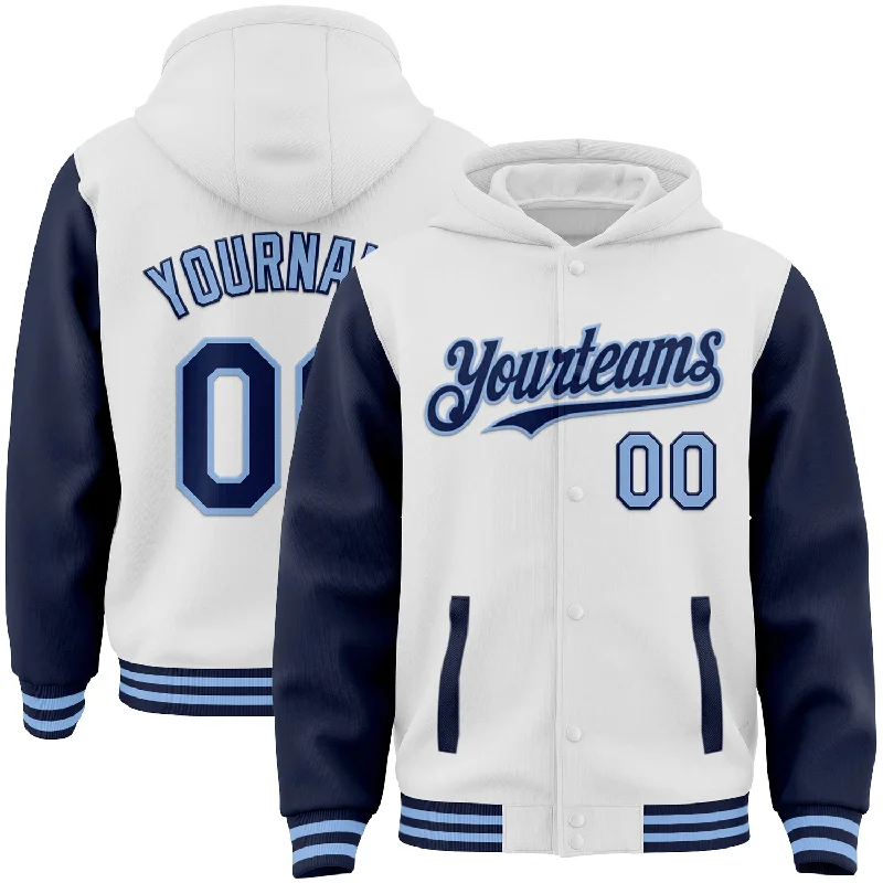 Comfortable Hoodie for School Days-Custom White Navy-Light Blue Bomber Full-Snap Varsity Letterman Two Tone Hoodie Jacket