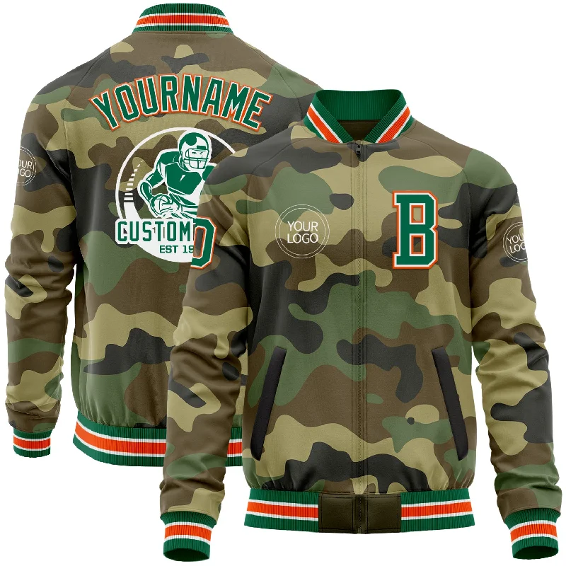 Fashionable Windbreaker Jacket for Layering-Custom Camo Kelly Green-Orange Bomber Varsity Letterman Salute To Service Zipper Jacket