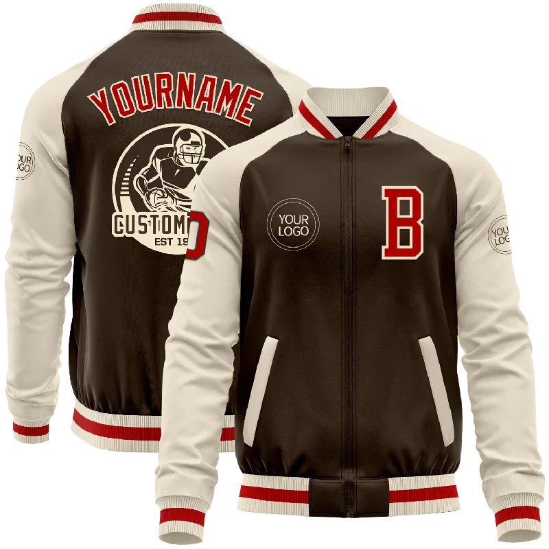 Cool Printed Jacket for Bold Fashion Statements-Custom Brown Red-Cream Bomber Varsity Letterman Two Tone Zipper Jacket