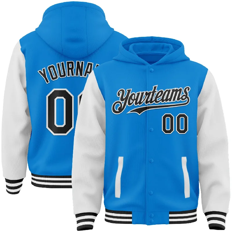 Stylish Zip-Up Hoodie for Casual Outfits-Custom Powder Blue Black-White Bomber Full-Snap Varsity Letterman Two Tone Hoodie Jacket