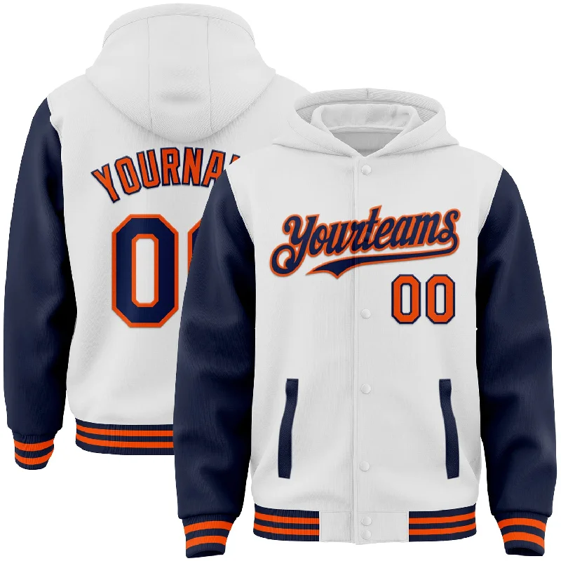 Plush Hoodie for Ultimate Comfort-Custom White Navy-Orange Bomber Full-Snap Varsity Letterman Two Tone Hoodie Jacket