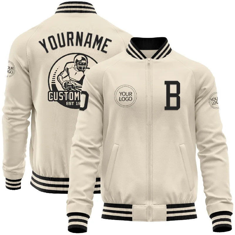 Trendy Utility Jacket with Multiple Pockets-Custom Cream Black Bomber Varsity Letterman Zipper Jacket