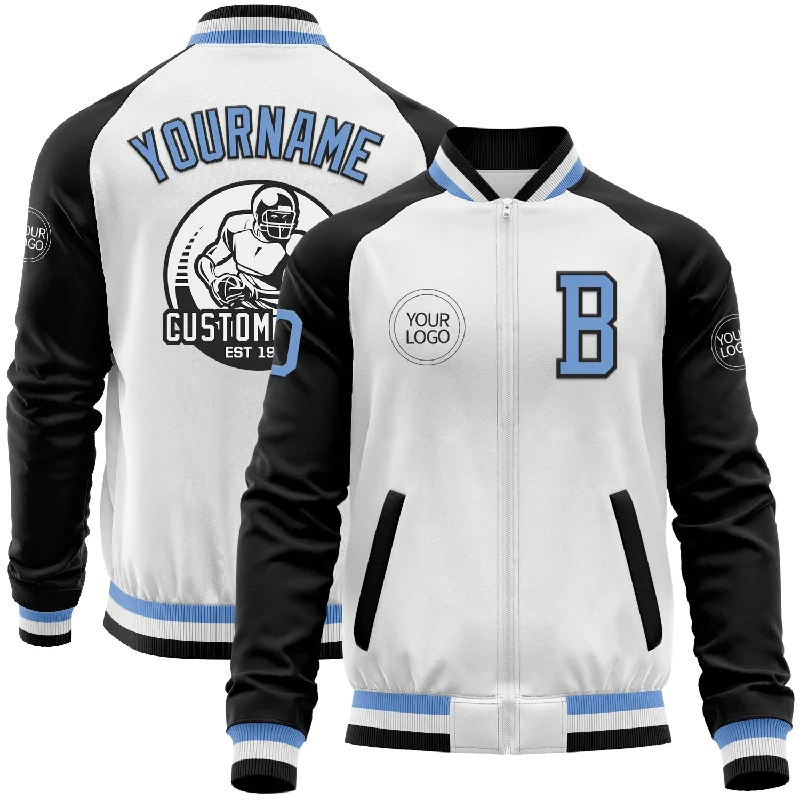 Cozy Fleece Jacket for Outdoor Comfort-Custom White Light Blue-Black Bomber Varsity Letterman Two Tone Zipper Jacket