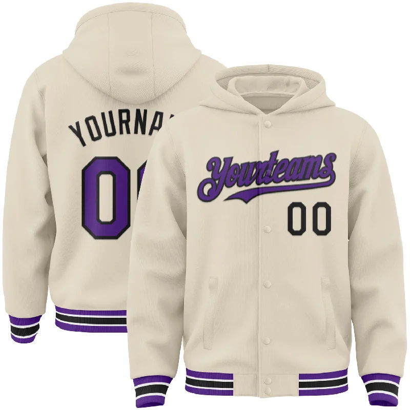 Trendy Hoodie with Contrast Sleeves for Unique Style-Custom Cream Purple Black-White Bomber Full-Snap Varsity Letterman Hoodie Jacket