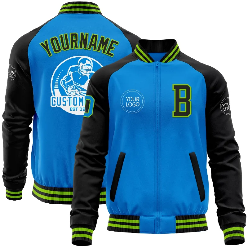 Insulated Jacket for Extreme Cold Weather-Custom Powder Blue Neon Green-Black Bomber Varsity Letterman Two Tone Zipper Jacket