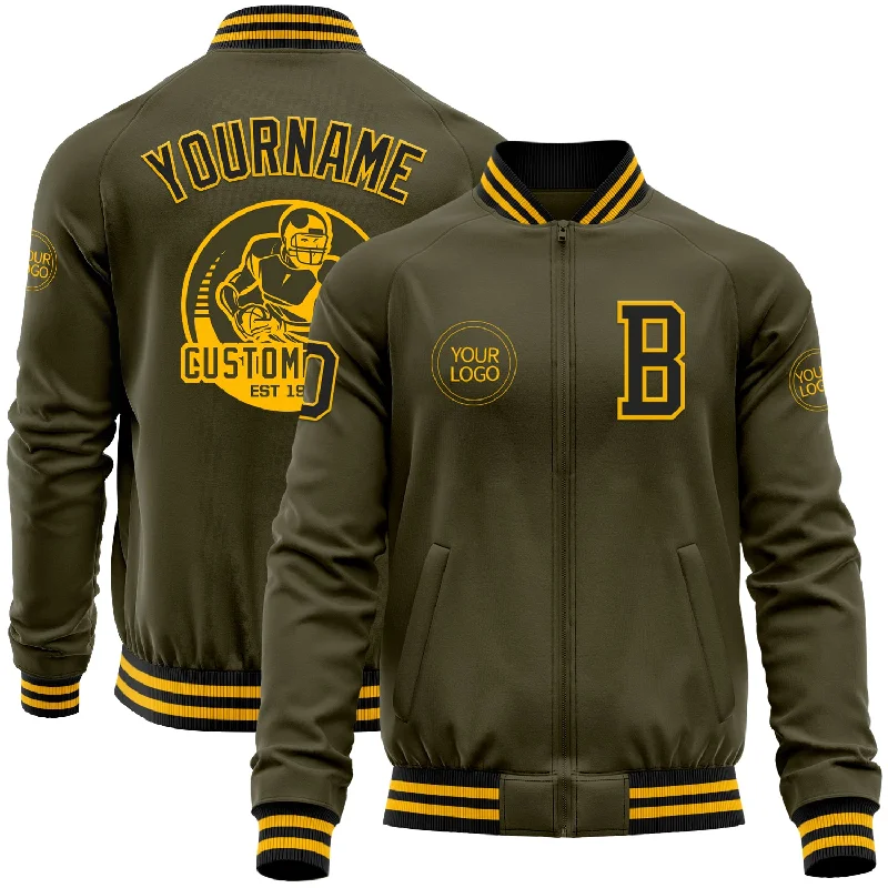 Trendy Bomber Jacket with Patches for Unique Look-Custom Olive Black-Gold Bomber Varsity Letterman Salute To Service Zipper Jacket