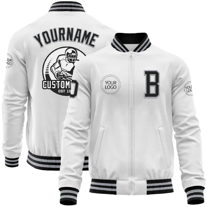 Classic Double-Breasted Jacket for Sophisticated Style-Custom White Black-Gray Bomber Varsity Letterman Zipper Jacket