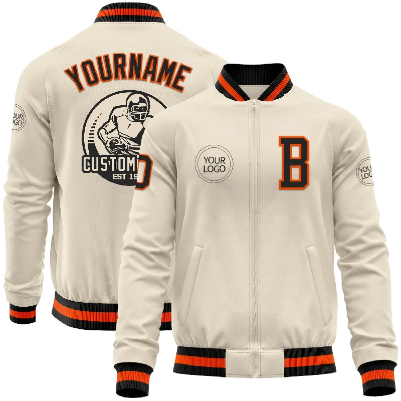 Cool Printed Jacket for Bold Fashion Statements-Custom Cream Black-Orange Bomber Varsity Letterman Zipper Jacket