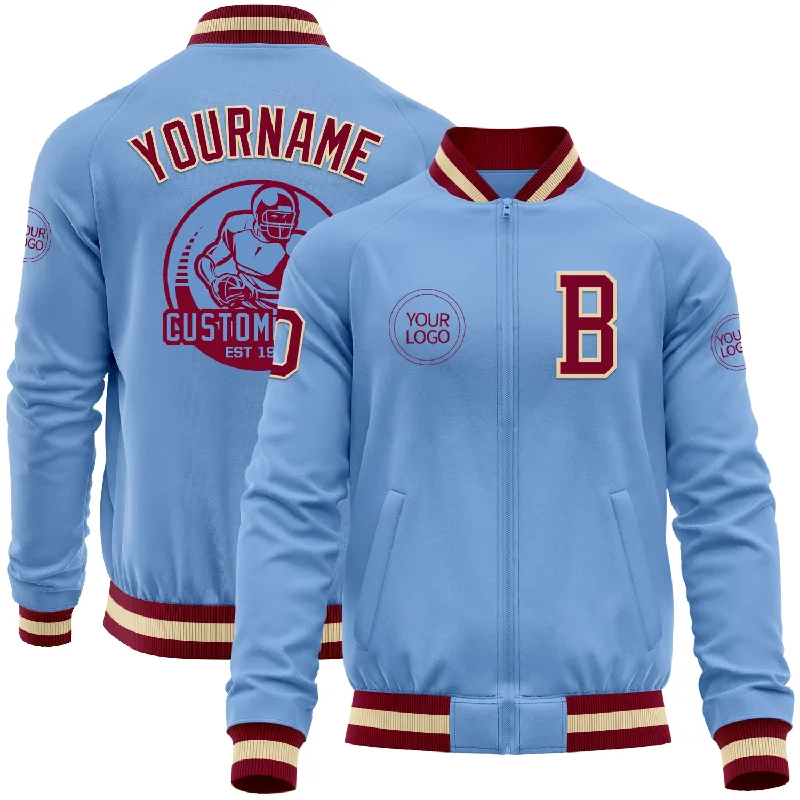 Casual Outdoor Jacket for Adventure Seekers-Custom Light Blue Maroon-Cream Bomber Varsity Letterman Zipper Jacket