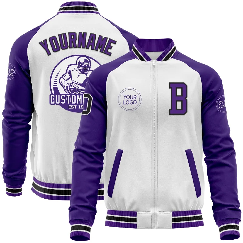 Comfy Quilted Jacket for Cozy Comfort-Custom White Black-Purple Bomber Varsity Letterman Two Tone Zipper Jacket