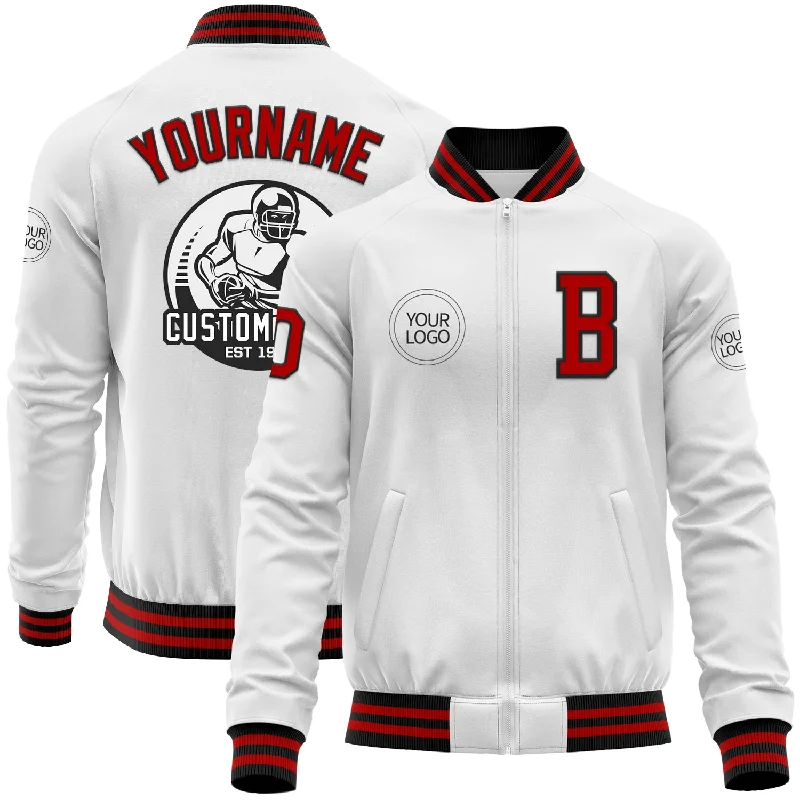 Urban Style Windbreaker Jacket for City Living-Custom White Red-Black Bomber Varsity Letterman Zipper Jacket