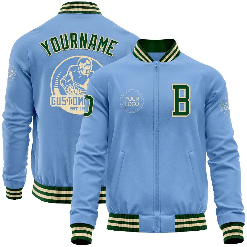 Sporty Zip-Up Jacket for Active Lifestyles-Custom Light Blue Green-Cream Bomber Varsity Letterman Zipper Jacket