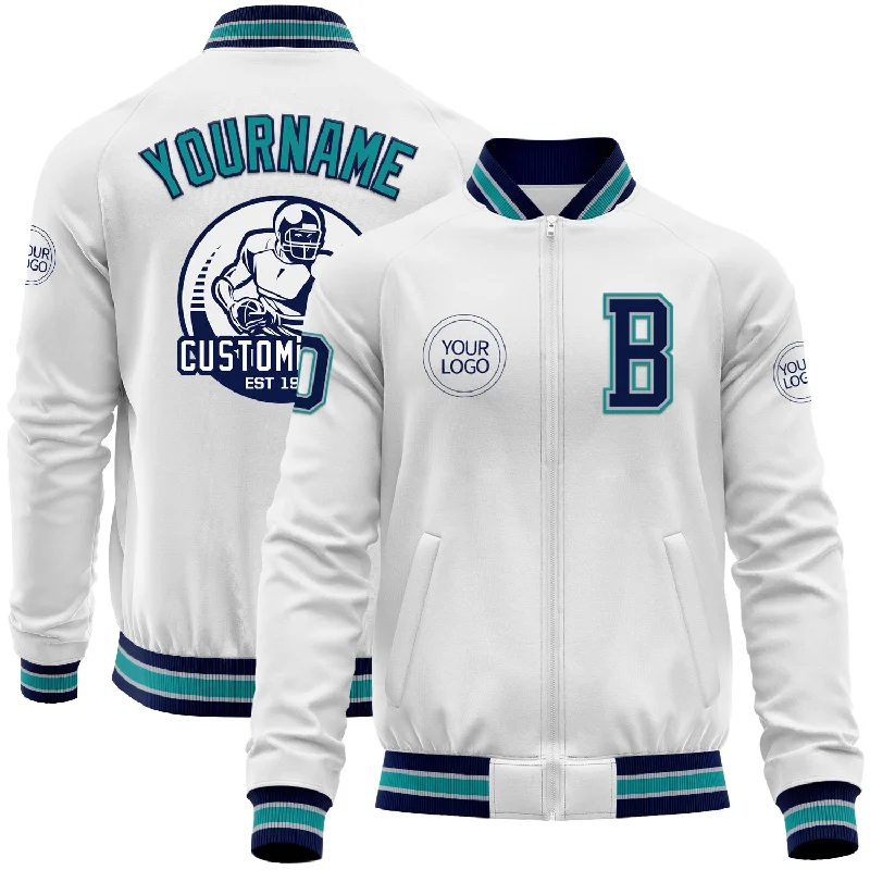 Classic Trench Coat Jacket for Elegant Appeal-Custom White Navy Gray-Teal Bomber Varsity Letterman Zipper Jacket