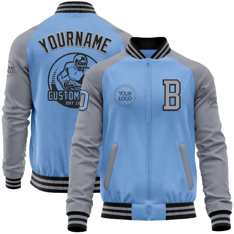 Sleek Faux Leather Jacket for Fashion-Forward Style-Custom Light Blue Black-Gray Bomber Varsity Letterman Two Tone Zipper Jacket