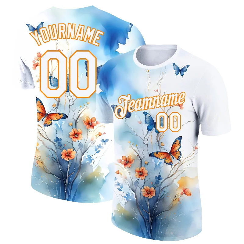 Premium Quality T-Shirt for All Seasons-Custom White Bay Orange 3D Pattern Design Flower With Butterfly Performance T-Shirt