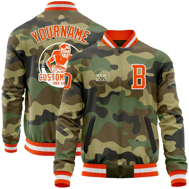 Casual Zip-Up Jacket for Active Days-Custom Camo Orange-White Bomber Varsity Letterman Salute To Service Zipper Jacket