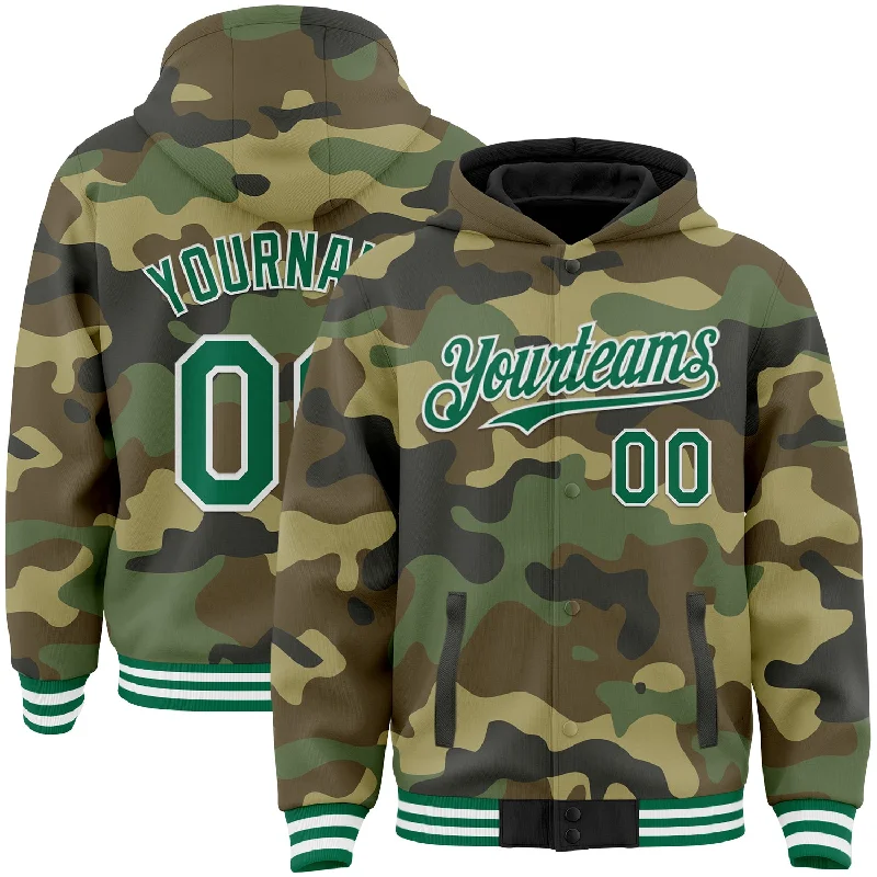 Sporty Hoodie for Gym and Workout-Custom Camo Kelly Green-White Bomber Full-Snap Varsity Letterman Salute To Service Hoodie Jacket